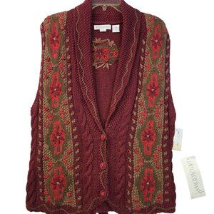 Handknit Sweater Vest Size Large Floral Embroidery Vintage Deadstock Brick Red
